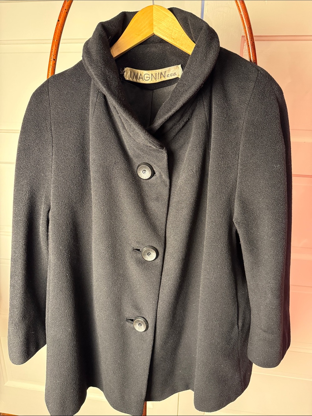 Vintage 1960s 100% Cashmere Swing Coat I. Magnin Black Peter Pan Collar S/M